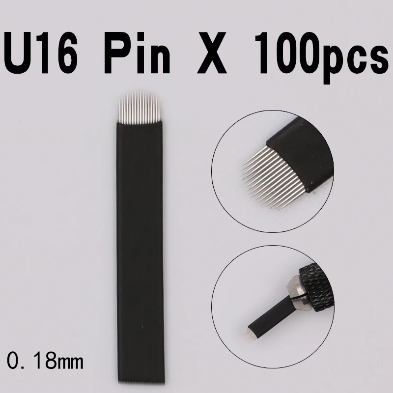 100pcs U Shape 0.18mm 16U Blade for 3D Embroidery Manual Eyebrow Tattoo Pen 16pin Needles For Permanent Makeup Black | Красота и