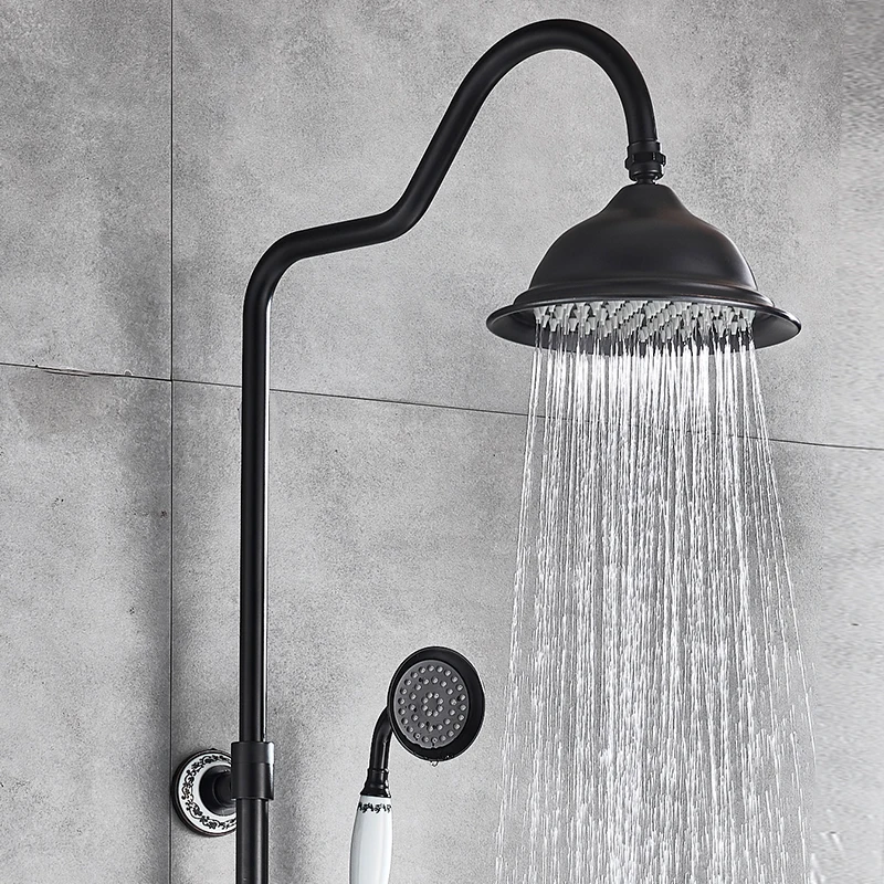 quyanre wanfan bronze black shower faucet set with creamic decoration rainfall shower head with swivel tub spout 3 way mixer tap bathroom shower faucet kit2