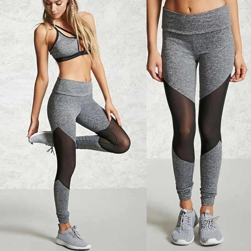 Sexy Mesh Patchwork High Waist Yoga Pants Women's Grey Tights For Fitness Sports Gym Fitness Leggings Woman Sportswear Workout