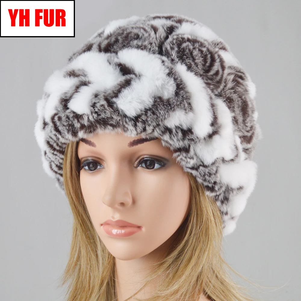 

Good Elastic Real Rex Rabbit Fur Beanies Hats Women Knitted Striped 100% Natural Rex Rabbit Fur Cap Winter Lady Flowers Fur Caps