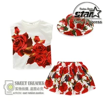 2016 New Summer Fashion Girl Dress Children’s Suits Roses Cotton T-shirt + Skirt + Hat Girls Flower Set