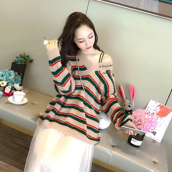 

new fashion women thick simple striped sweet knitted sweater new arrival comfortable basic loose warm fresh temperament sweater