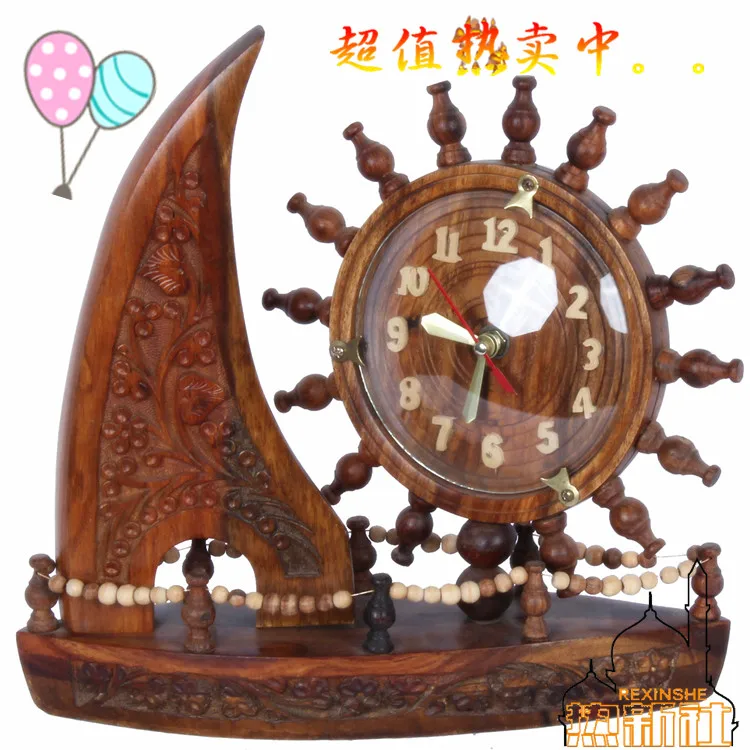 

Solid wood antique Pakistan manual solid wood carving table clock wooden Pirate Boat Table