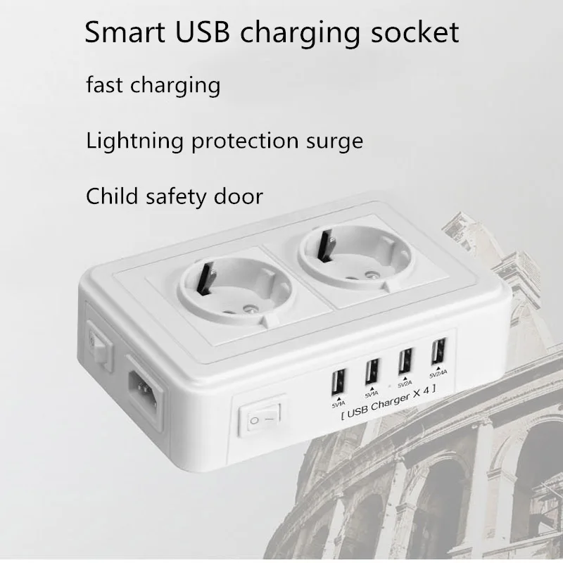 Дешево Заземление 2 мощность розетка 4 USB адаптер стены зарядное устройство док 5 в 2.4A стабилизатор напряжения удлинитель для телефона камера дома