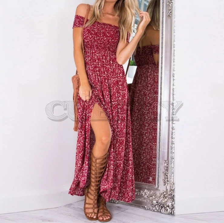 Image Sexy Strapless Beach Summer Dress Sundresses Vintage Bohemian Maxi Dress Robe Femme Boho Floral Women Split Long Dresses CUERLY