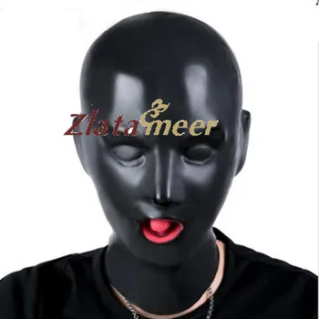 

3D Latex Human Mask Fetish Black Rubber Hood Closed Eyes with Red Mouth Sheath Tongue Nose Tube