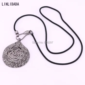 

3Pcs Micro Pave CZ rhinestone Retro Flower Round pendants with Black Rope Long Necklace Women Trendy Jewelry Gift