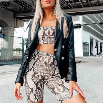 

Womens 2 Pieces Outfits Boho Snakeskin Digital Print Strapless Bandeau Tube Top High Waist Biker Shorts Fitness Sport Tracksuit