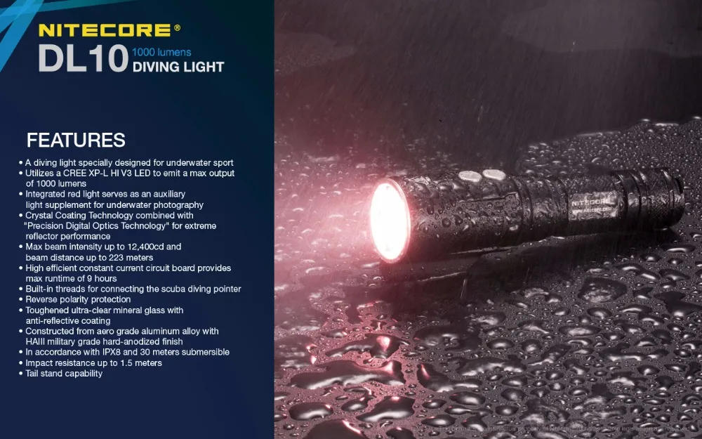 NITECORE DL10 фонарик для дайвинга 1000 люмен с подводным указателем 30 м погружной IPX8 для подводных видов спорта