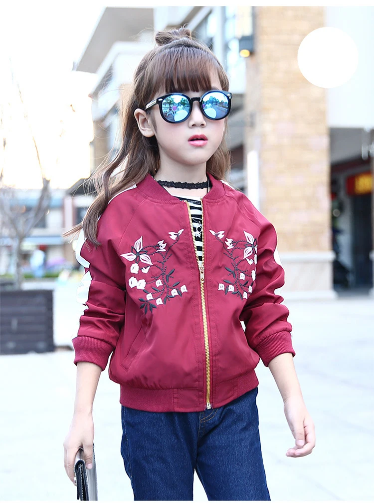 Girls Bomber Jackets Spring Embroidery Floral Nylon Jacket Kids Red Coat For Girls Casual Children Outerwear Embroidery Honeybee HTB127lDQXXXXXaMXVXXq6xXFXXX5 - Girls Bomber Jackets Spring Embroidery Floral Nylon Jacket Kids Red Coat For Girls Casual Children Outerwear Embroidery Honeybee