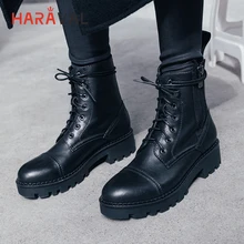 HARAVAL Winter Women Ankle Boots Classic Genuine Leather Round Toe Low Heel Shoes Black Lace-up Casual Zipper Martin Boots B186 HARAVAL Winter Women Ankle Boots Classic Genuine Leather Round Toe Low Heel Shoes Black Lace-up Casual Zipper Martin Boots B186