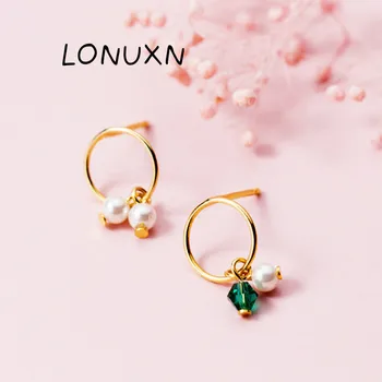 

925 Sterling Silver Jewelry Vintage Style Natural Freshwater circle tassel Flowers green geometric Stud Earring for Women Gift