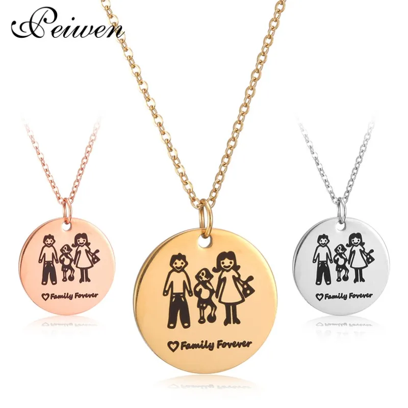 Family Pendant Necklace Stainless Steel For Mom Dad Son Daughter Love Cartoon Rose Gold Silver Color Link Chain Choker Jewelry