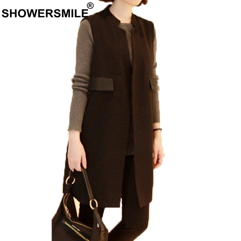 SHOWERSMILE Womens Long Vests Plus Size 3xl Black Waistcoat Female Tweed Leather Pocket Fashion Ladies Spring Sleeveless Jackets
