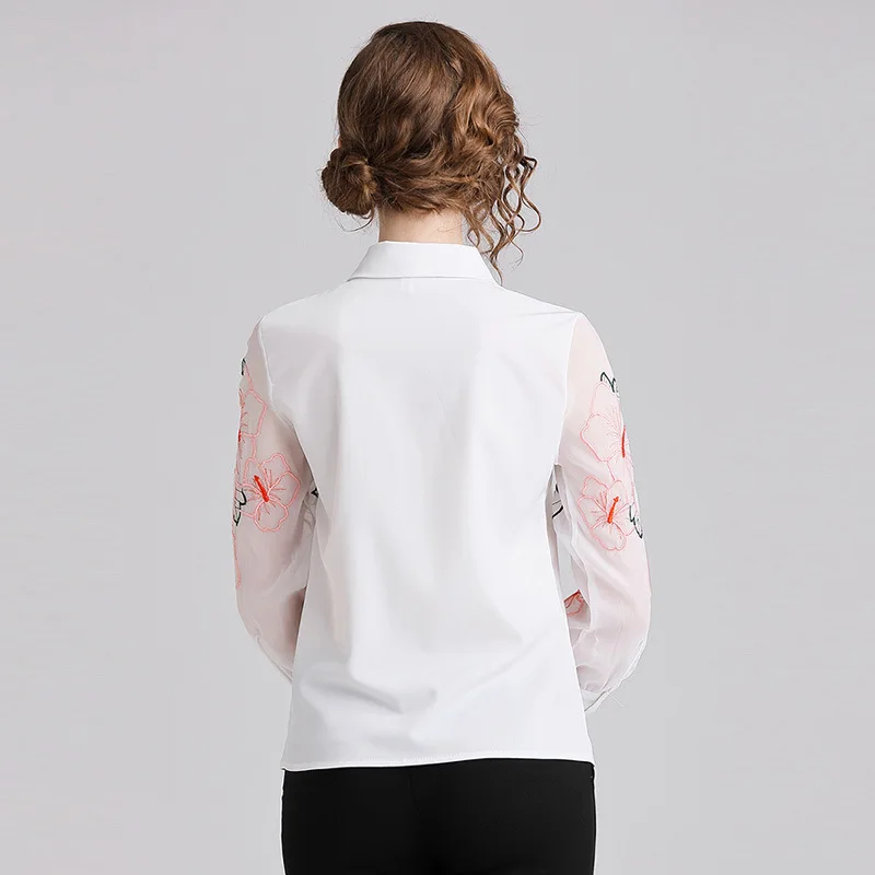 2019 Spring New Fashion Women Blouse Office Ladies Casual Chiffon White Floral Embroidery Turn-down Collar Long Sleeves Blouse 2019 Spring New Fashion Women Blouse Office Ladies Casual Chiffon White Floral Embroidery Turn-down Collar Long Sleeves Blouse
