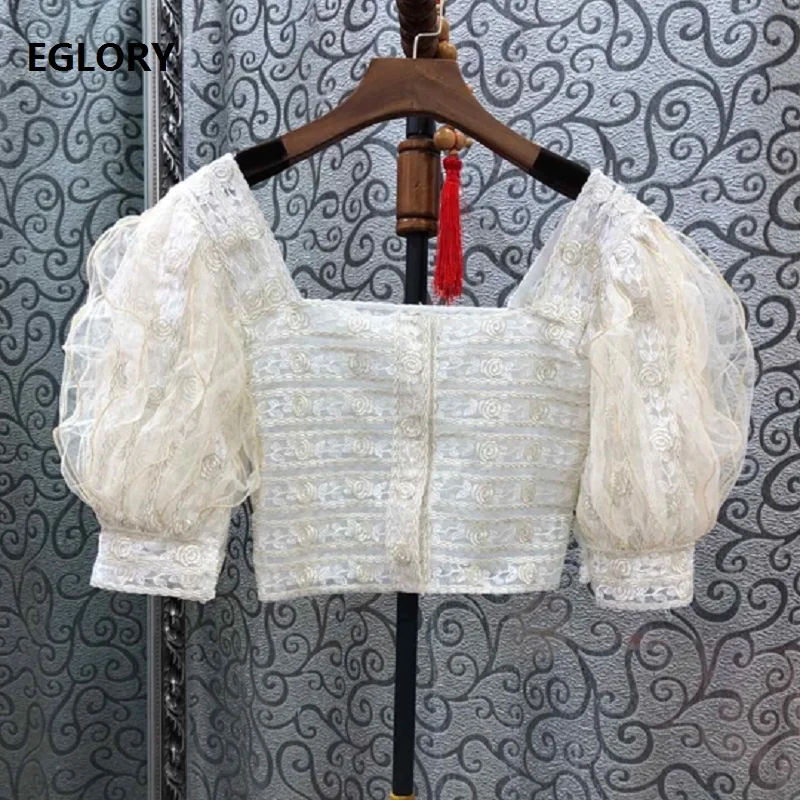

Newest Fashion Crop Tops 2019 Summer Sexy Party Tops Women Square Collar Golden Rose Flower Embroidery Puff Sleeve Vintage Tops