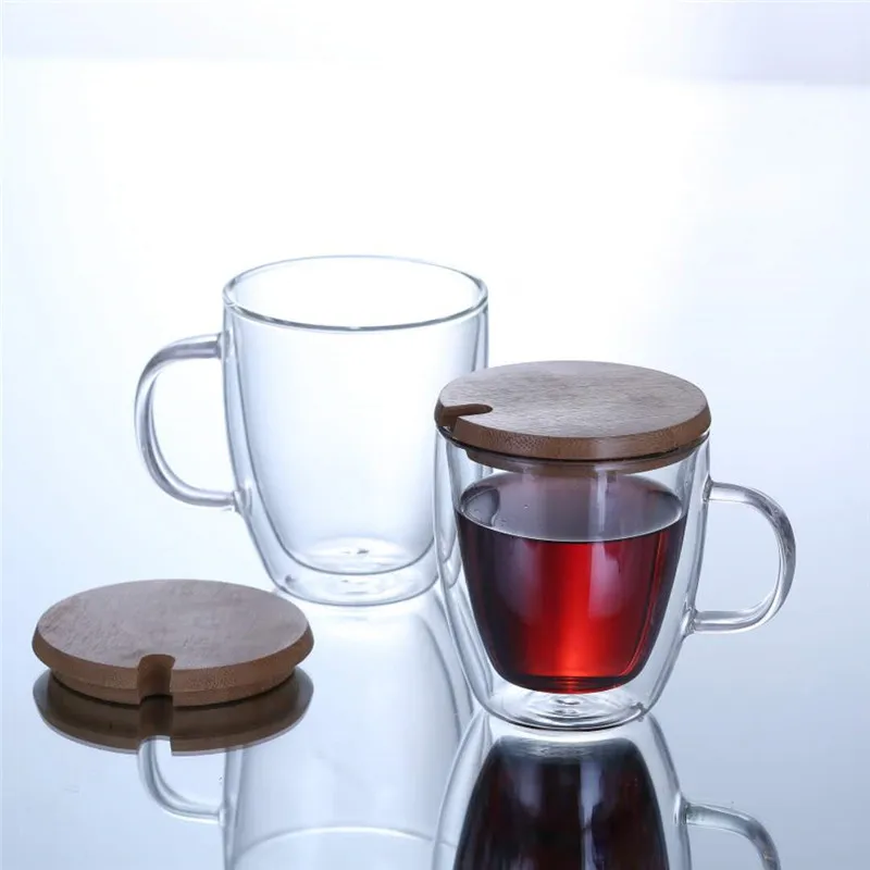 

350ML Double Layers Coffee Mug With Handle with Cover Heat Insulation Drinking Cup Tea Cup Transparent Drinkware Wooden cover