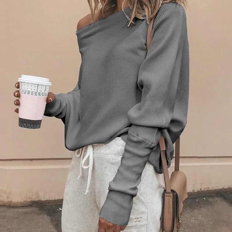 Модный женский Однотонный пуловер с длинным рукавом, Повседневные вязаные топы с открытыми плечами, осенние свитера размера плюс - Цвет: gray