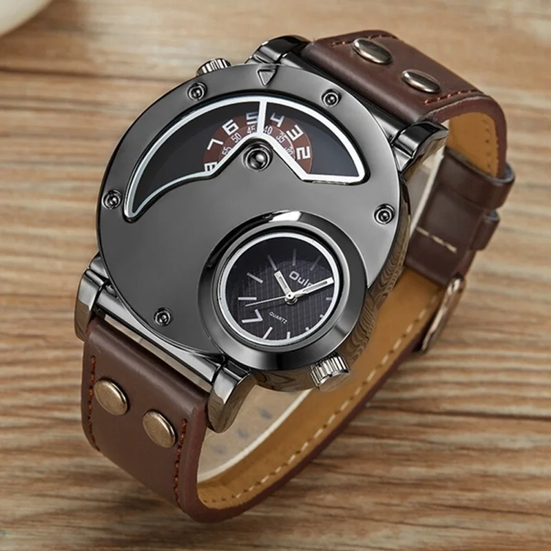 

Oulm Sport Watches Men Luxury Brand Designer Dual Time Quartz watch Waterproof Leather Relogio Masculino Students 2019 New Male
