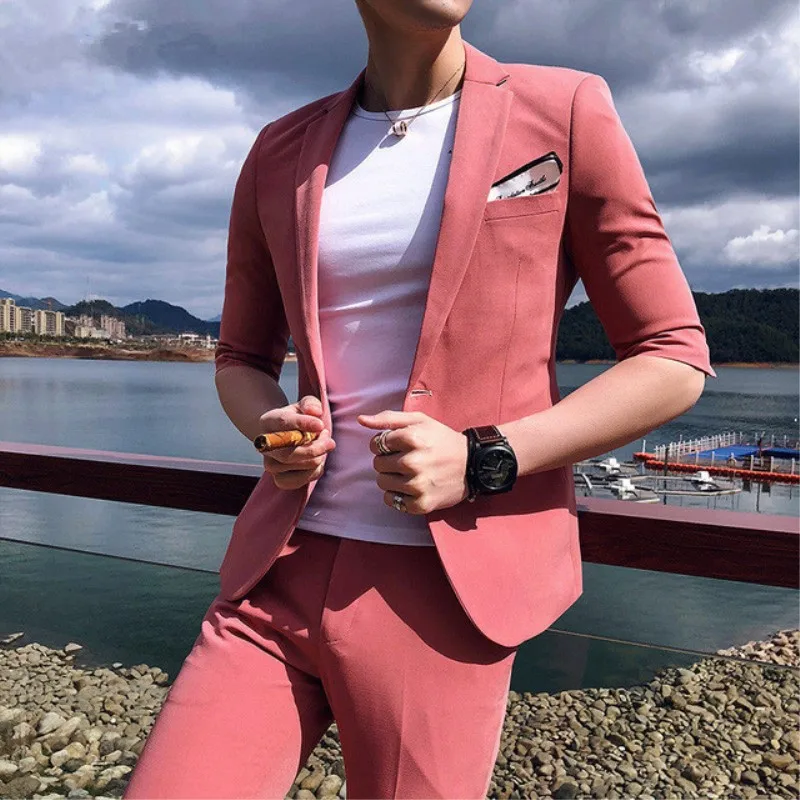 Traje rosa de manga corta para hombre, traje versión coreana para fiesta de cena, playa, vestido de boda (chaqueta + Pantalones + corbata) _ - AliExpress