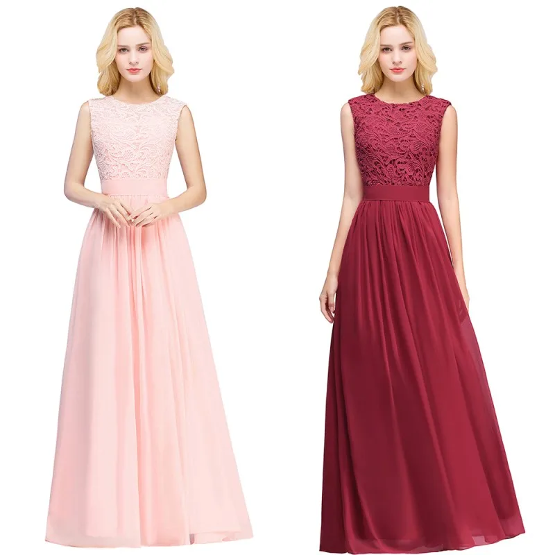 Long Bridesmaid Dresses Burgundy Pink Chiffon Scoop Neck Sleeveless Wedding Party Guest Gown robe demoiselle d'honneur