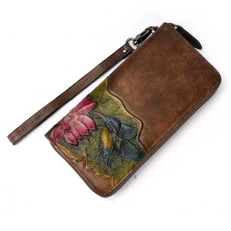 

Tree Paste Leather Purse Head Layer Cowhide Retro Long Zipper Purse Large Capacity European and American Fashion Handbag