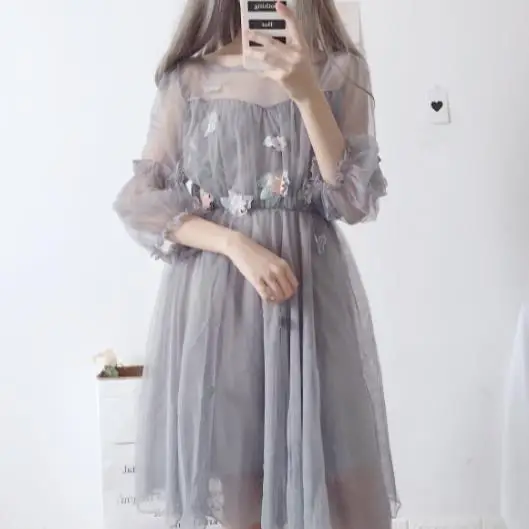 

olita Women Kawaii Dress Butterfly Embroidery Cute Girl Summer Dresses Puff Sleeve Floral Lace Hollow Out Fairy Dress AE52
