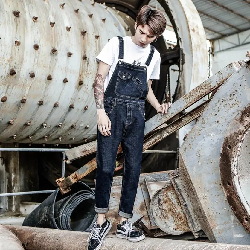 

Xs-6xl Tide Personality Black Siamese Suspenders Men's Tooling Bib Pants Men's Korean Version Of The Slim Feet Jeans Overalls