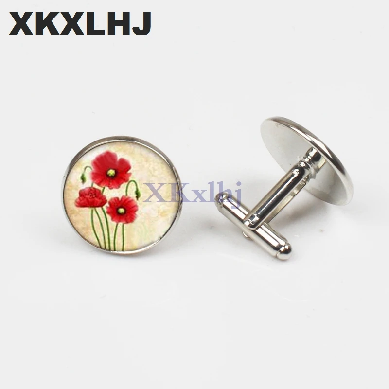 

XKXLHJ New Poppy Jewelry Cuffs Red Glass Button Flower Cuffs Glass Convex Men And Women Shirt Fashion Jewelry