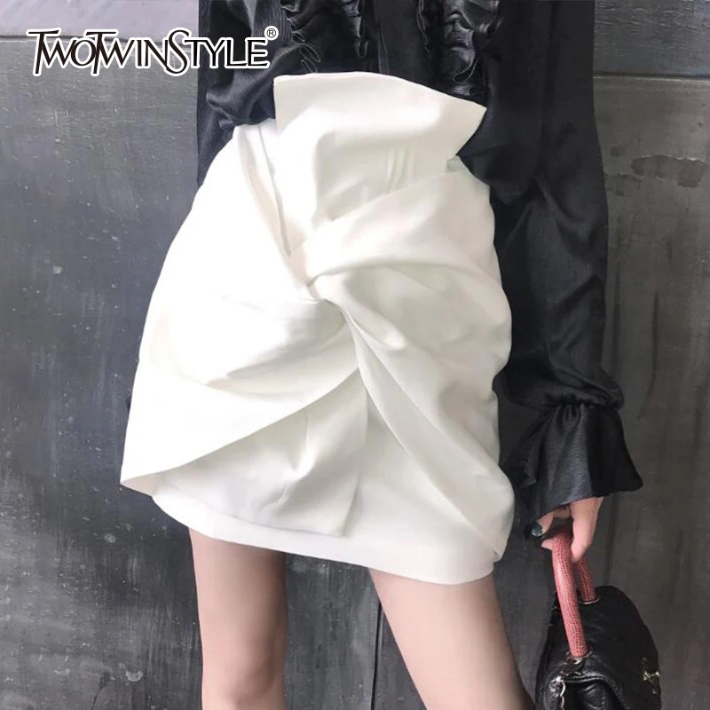 

TWOTWINSTYLE Bow Skirt For Women Ruched High Waist Bodycon Zipper White Irregular Mini Skirts Female Spring Summer Sexy Clothing