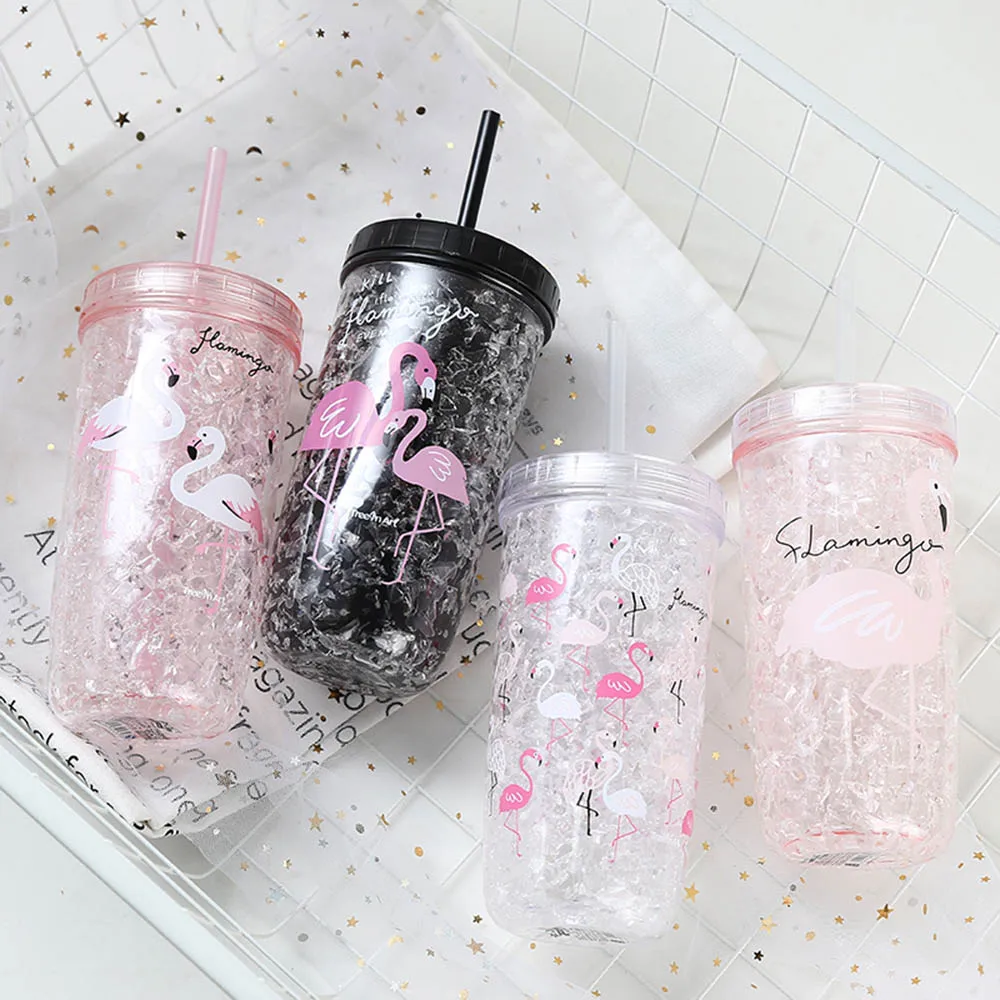 

Vogue Flamingo Plastic Cups Summer Double Ice Cup Portable Straw Cooling Cup Built-in Compartment With Healthy Refrigerant
