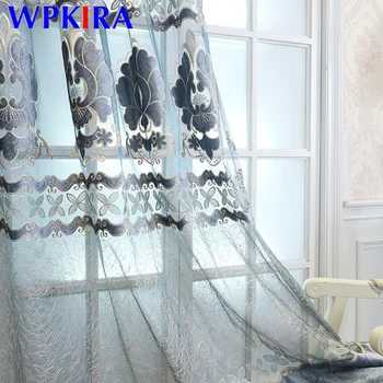 

European High Quality Bird's Nest Embroidered Blue Curtain For Living Room High Precision Transparent Yarn Gold Silk Tulle M84D3