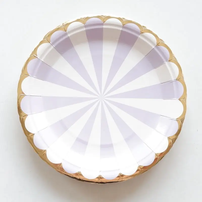 10pcs/lot Purple Stripe Disposable Party Tableware Paper Plates Cups