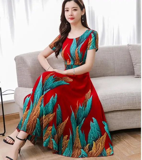 

Plus Size M-3XL 2019 Summer New Arrival Elegant Round Collar Color Block Short Sleeve High Quality Chiffon Long Dress