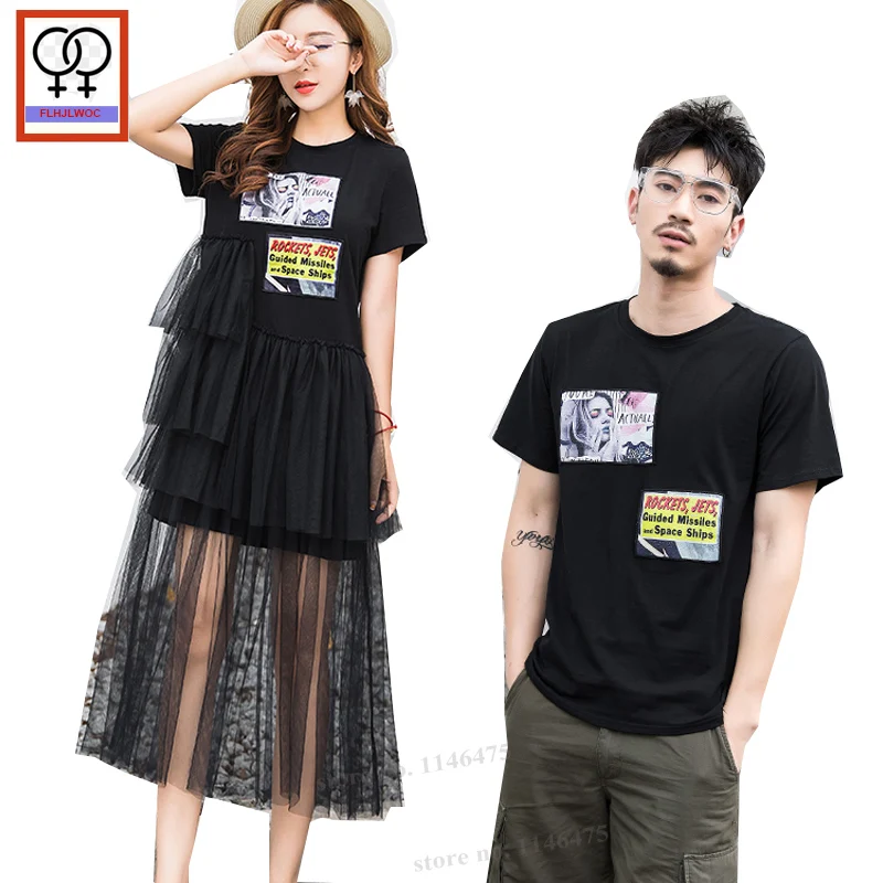 

Matching Couple Clothes Lovers Honeymoon Dresses White Black Printed Date Holiday Wear Temperament Sheer Mesh Dress 7006