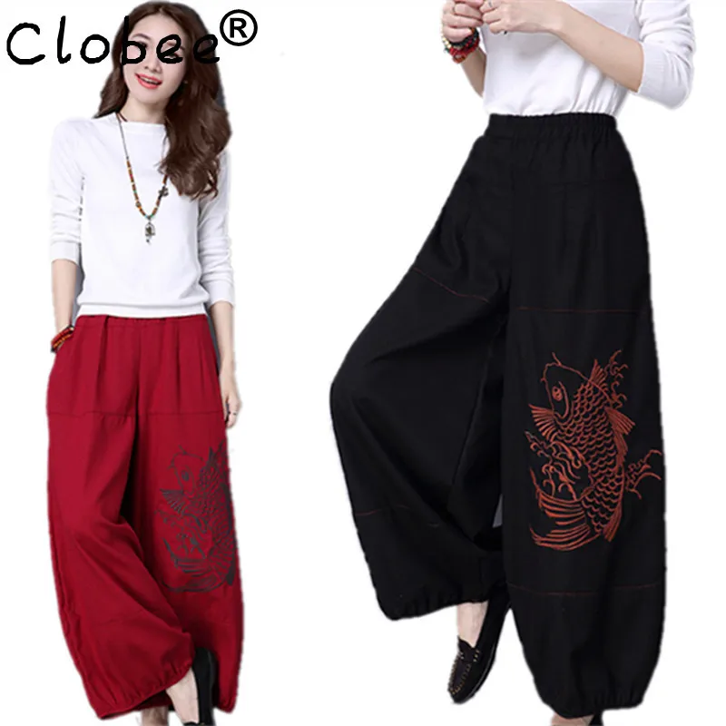 Black Harem Pants Women 2017 Embroidery Cotton Linen Pants Plus Size Long Harem Pants Casual Elastic Waist Wide Leg Trousers