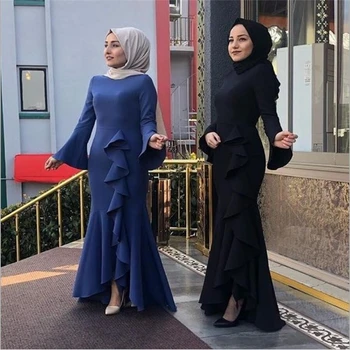 

Muslim women fashion dubai dresses 2019 flouncing Fishtail solid dress for islamic ladies clothing arab turkey blue black