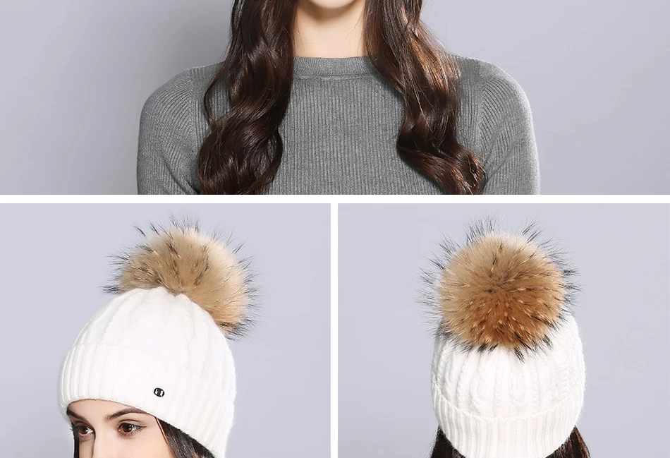 Woman Winter Hats Wool Skullies Beanie Raccoon Fur Pom Pom Stripe Knitted Hat Female Autumn Skullies Beanies  (8)
