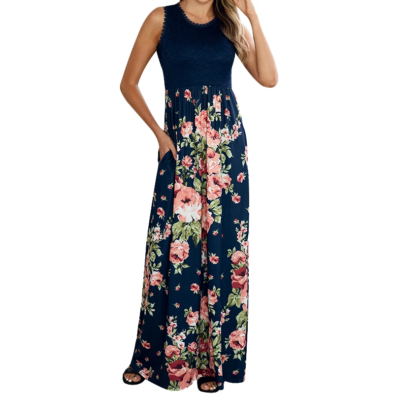 

Female Tank Dress Empire Black Navy Blue O-Neck Sleeveless Summer Sexy Lace Pocket Long Dress Floral Elegant Women Dress GV506