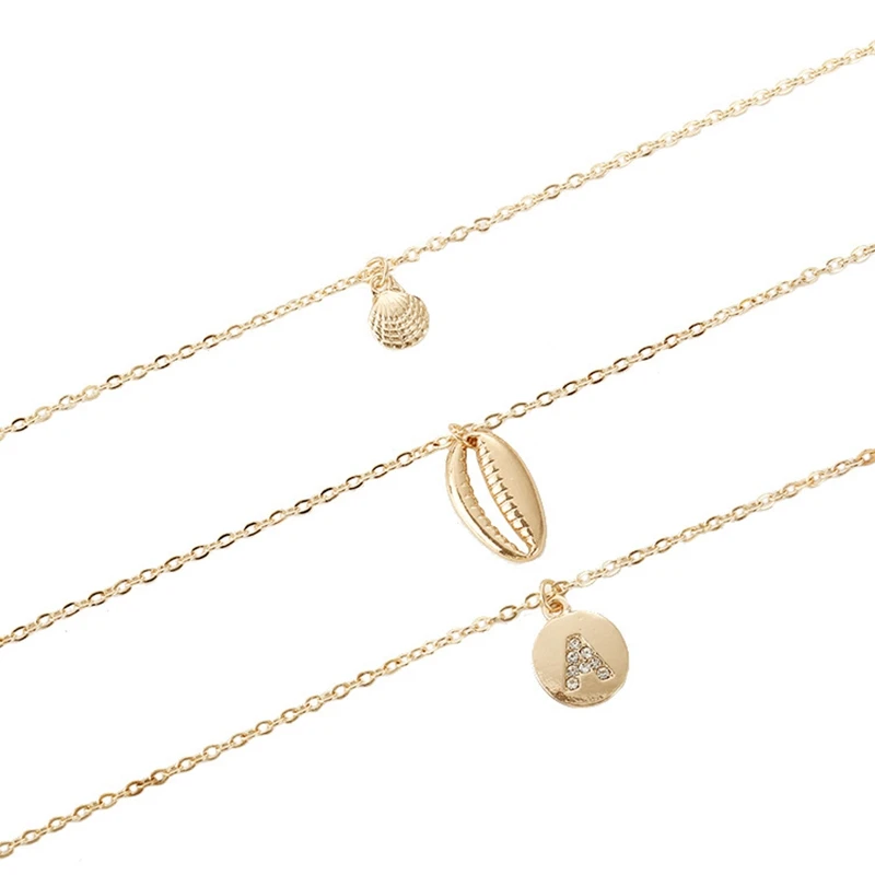 Murah Multi Layer Shell Kerang Huruf Liontin Kalung untuk Wanita Pantai Perhiasan BoHo Warna Emas Alloy Kalung Rantai Link