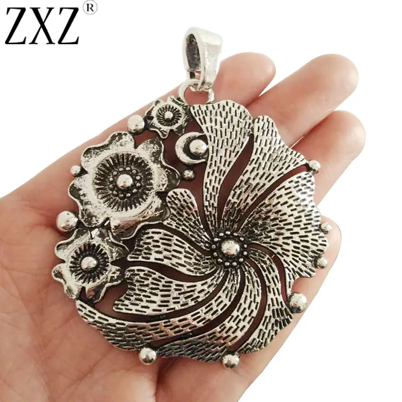 ZXZ 2 шт старинное серебро большой Boho Цветок амулеты подвески для ожерелье ювелирные изделия, украшения своими руками, 68x65 мм