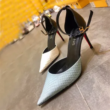 

New women's shoes summer snakeskin leather stiletto pointed high-heeled classic word buckle female sandals fashion single shoes