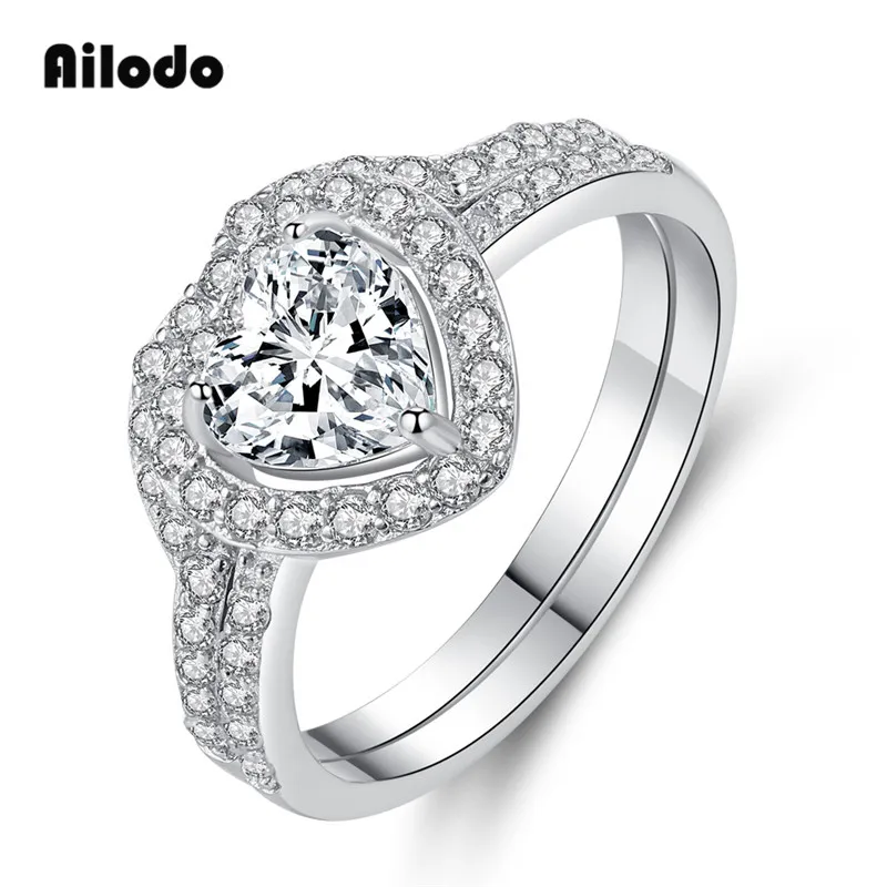 

Ailodo Romantic Heart CZ Rings For Women 2 Pcs/Set Crystal Femme Rings Fashion Party Wedding Jewelry Bijoux Gift LD096
