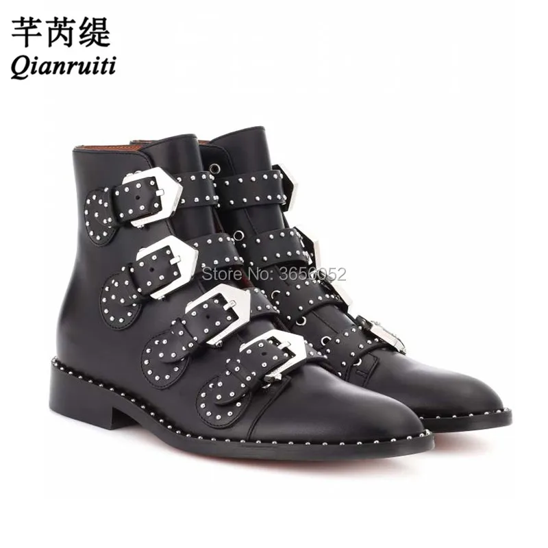 Qianruiti Botas Mujer Leather Suede Low Heel Ankle Boots For Women Autumn Shoes Casual Stone-Studded Buckle Straps Bota Feminina | Обувь