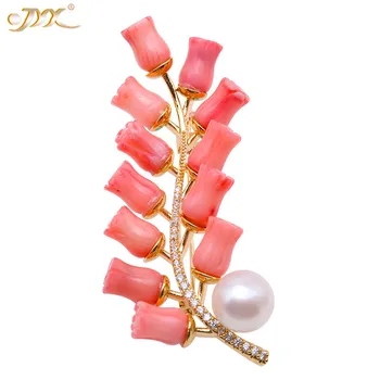 

JYX 2019 elegant special red coral flower brooch with 10mm natural freshwater pearl shinning zircon gift