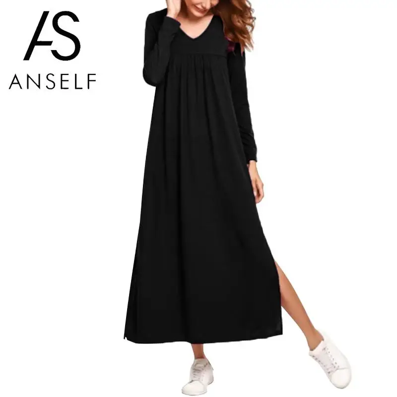 

Anself Fashion Women Loose Maxi Dress Solid Color Ruched Long Sleeve Autumn Dress V-Neck Elegant Ladies Plus Size Dress 4XL 5XL