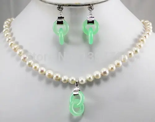 Miss charm Jew.163 Beautiful Jewellery Women white pearl necklace green jade earrings pendant jewelry set (A0423) -Top quality f