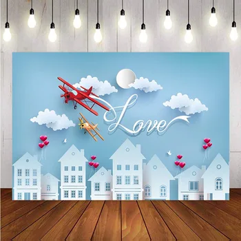 

Photography Background Birthday Party White Cloud Red Plane Building Backdrop Decor Photocall Backdrop Photo Studio Banner