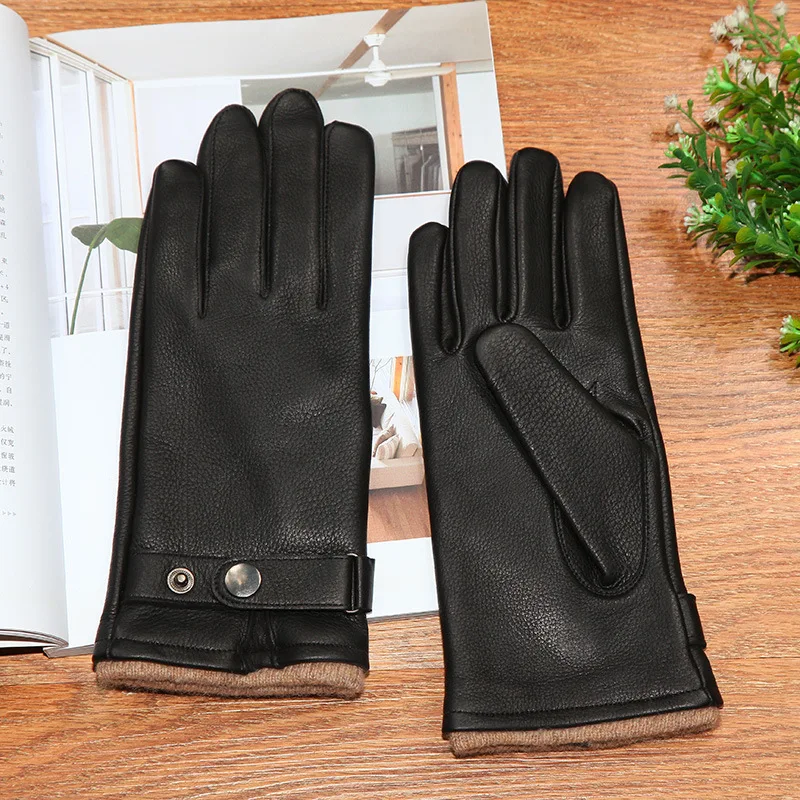 High-grade Man's Deerskin Gloves Genuine Buckskin Male Gloves Classic Fashion Knitted Lined Winter Warm Driving XC-107