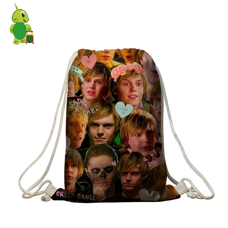 

Famous Tate Langdon Overlay Drawstring Backpack America Horror Story School Bags Travel Softback Women Men Daily Backpacks